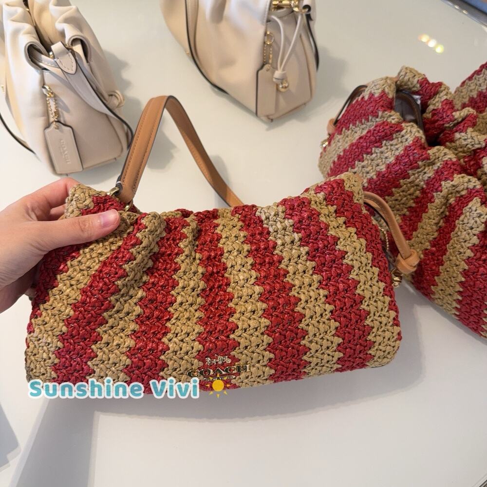 NWT coach Faye Shoulder Bag Gold/Red/Tan Straw and smooth leather CER33 - Picture 5 of 9